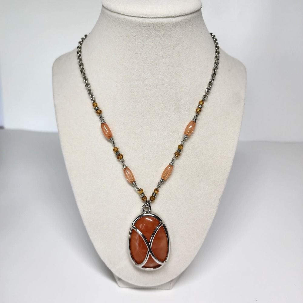 Silver Tone chain with Pendant Wrapped Orange Stone and Beaded necklace